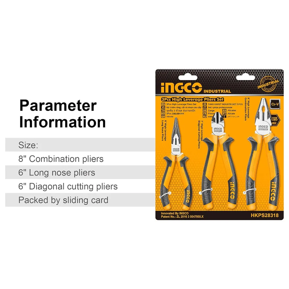 INGCO 3 Pcs Pliers Tool Set 8" Combination, 6" Long Nose, 6" Diagonal Cutting Pliers with Cr-V, TPR Two Color Handle, Black Finish, and Polish - Hand Tools | HKPS28318