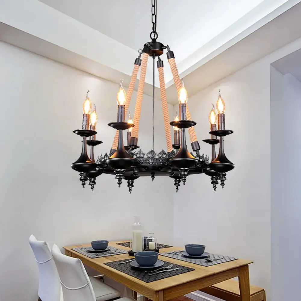 Iron Candle Chandelier Light Fixture - 6/8 Heads - Black - Dining Room Hanging Ceiling Light