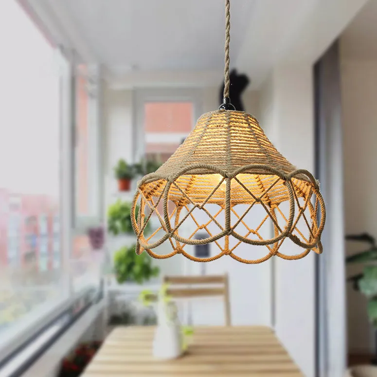 Japanese Retro Hemp Rope Weaving Flower Basket Iron 1-Light Pendant Light