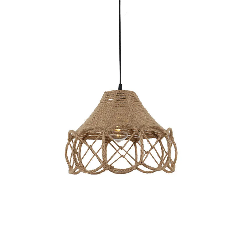 Japanese Retro Hemp Rope Weaving Flower Basket Iron 1-Light Pendant Light