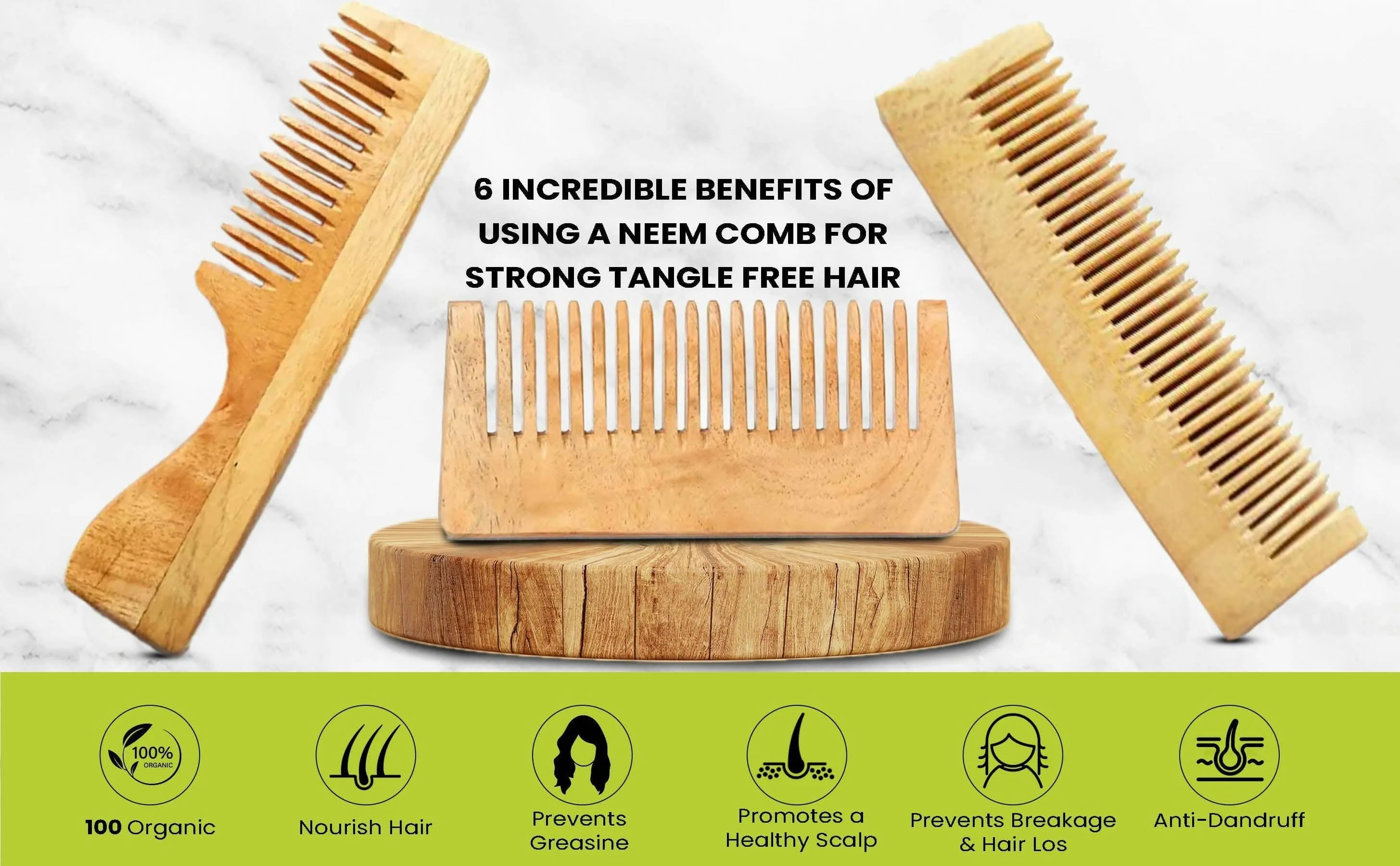 Kacchi neem wooden regular curve comb (pack of 2) | THE EARTH TRADING