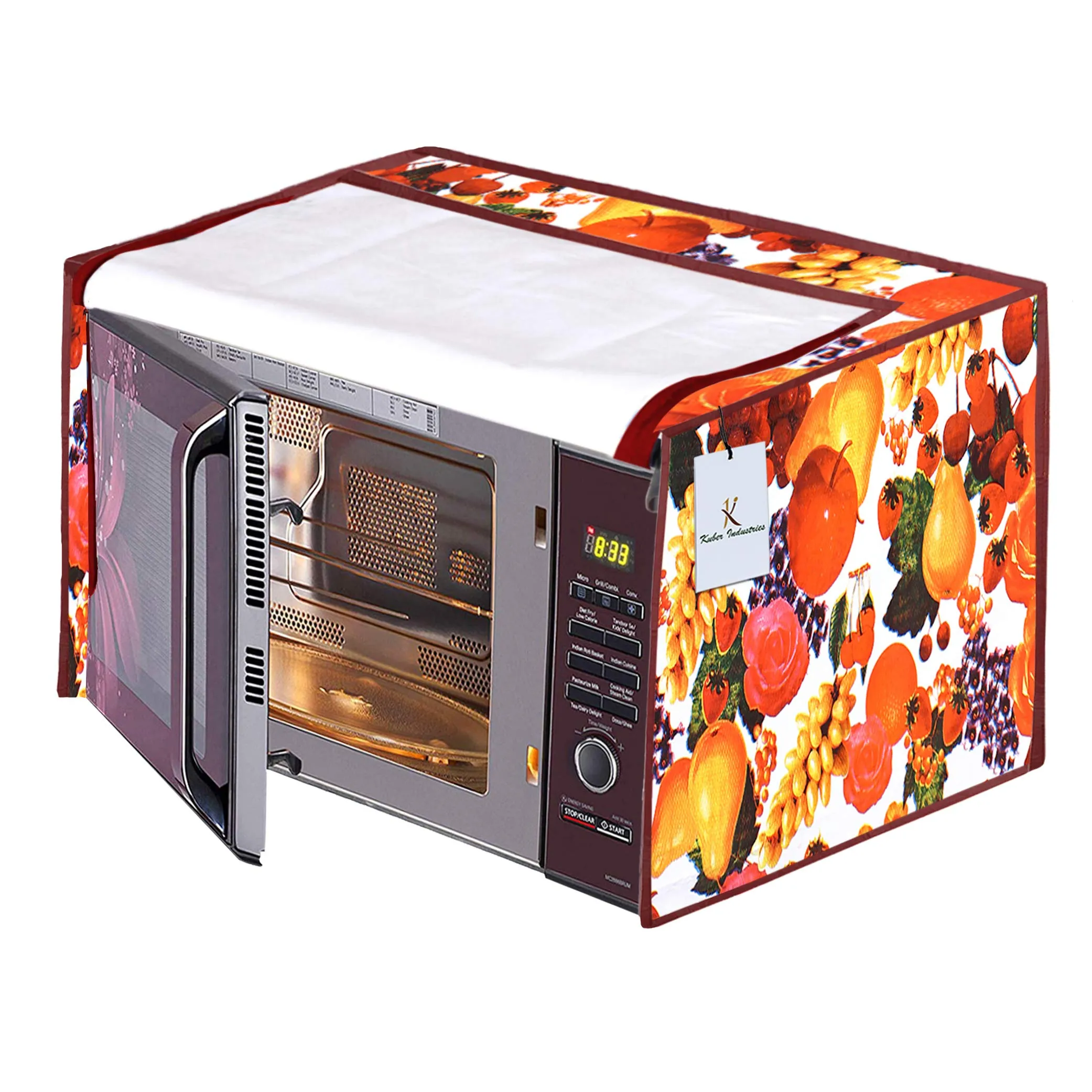 Kuber Industries Fruits Design PVC Microwave Oven Full Closure Cover for 30 Litre (White & Maroon) CTKTC33245