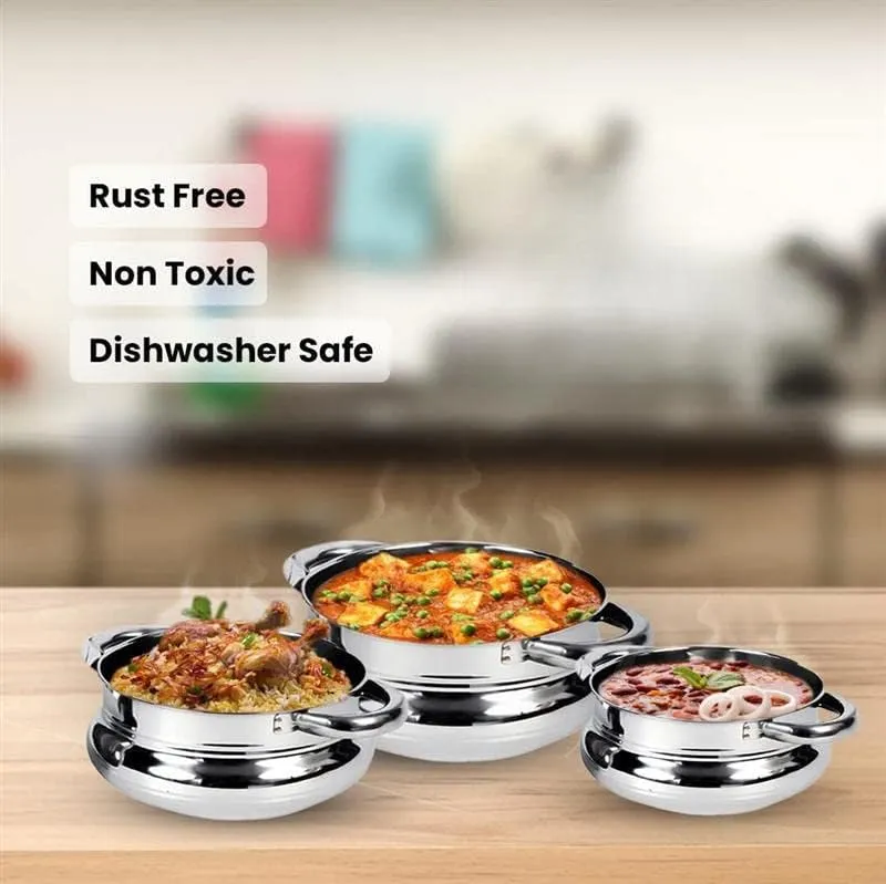 Kuber Industries Stainless Steel Handi Casserole Set of 3 with Lid|Cook and Serve|600 ml, 1 Litre, 1.6 Litre Capacity|Biryani Handi, Saucepan, Silver|Patila/Tope for Kitchen Combo of 3 (Pack Of 6)