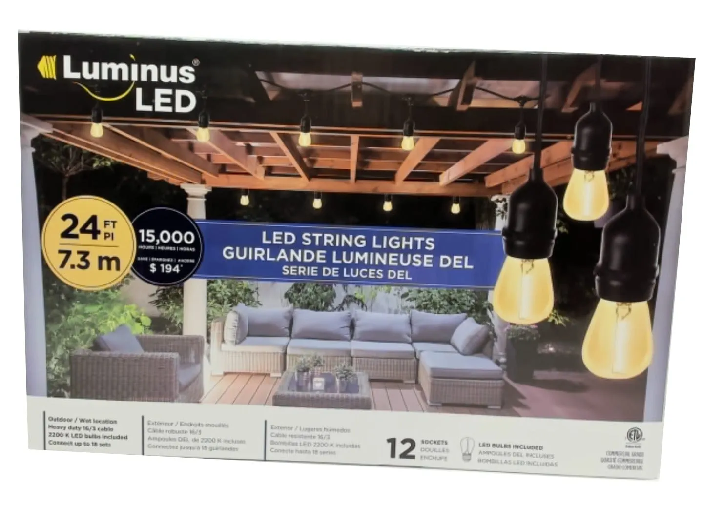 Luminus String lights 24 feet 7.3m LED 2200K 12 bulbs (endcap)