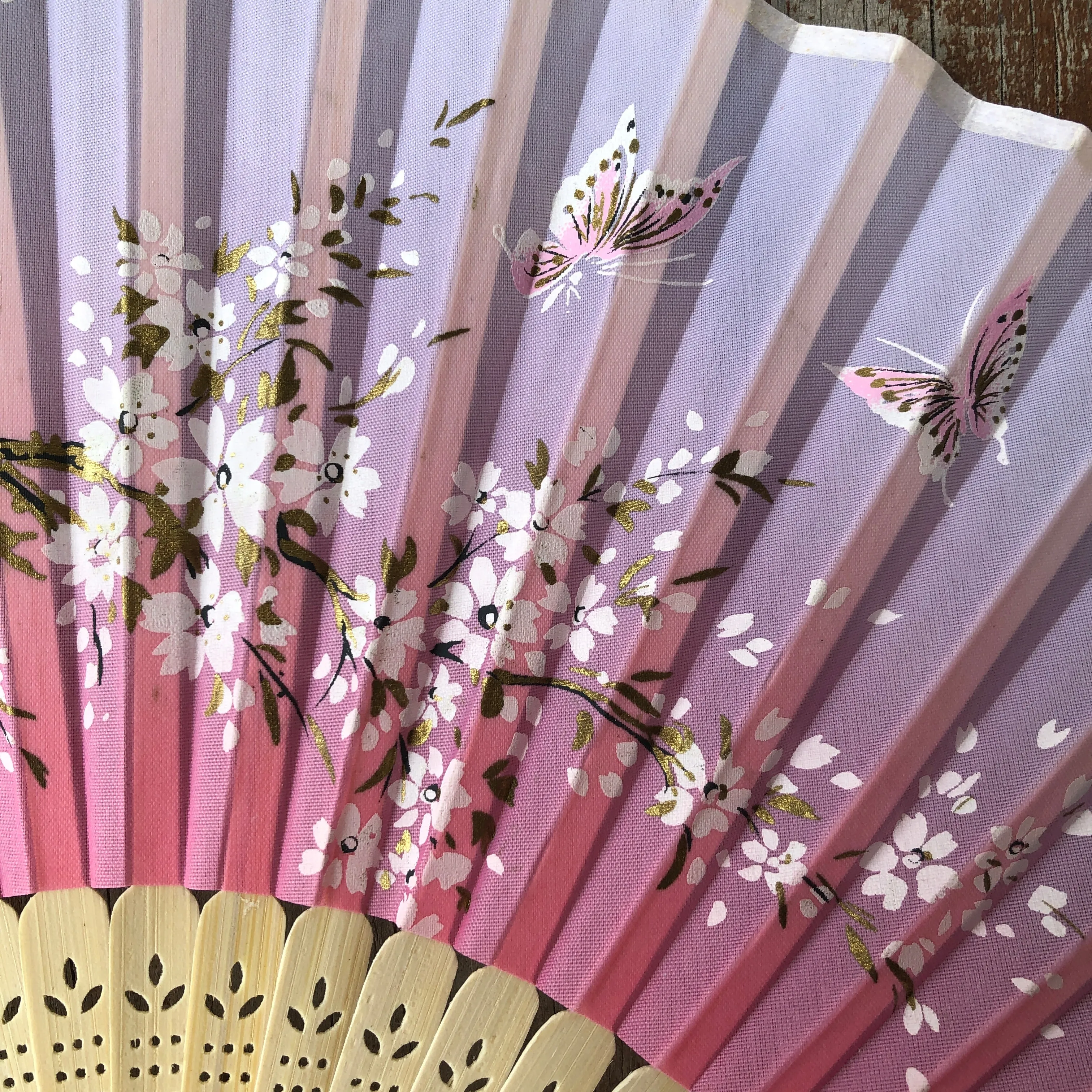 Luxury Bamboo Silk Fan - Cherry Blossoms and butterflies PINK