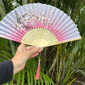 Luxury Bamboo Silk Fan - Cherry Blossoms and butterflies PINK