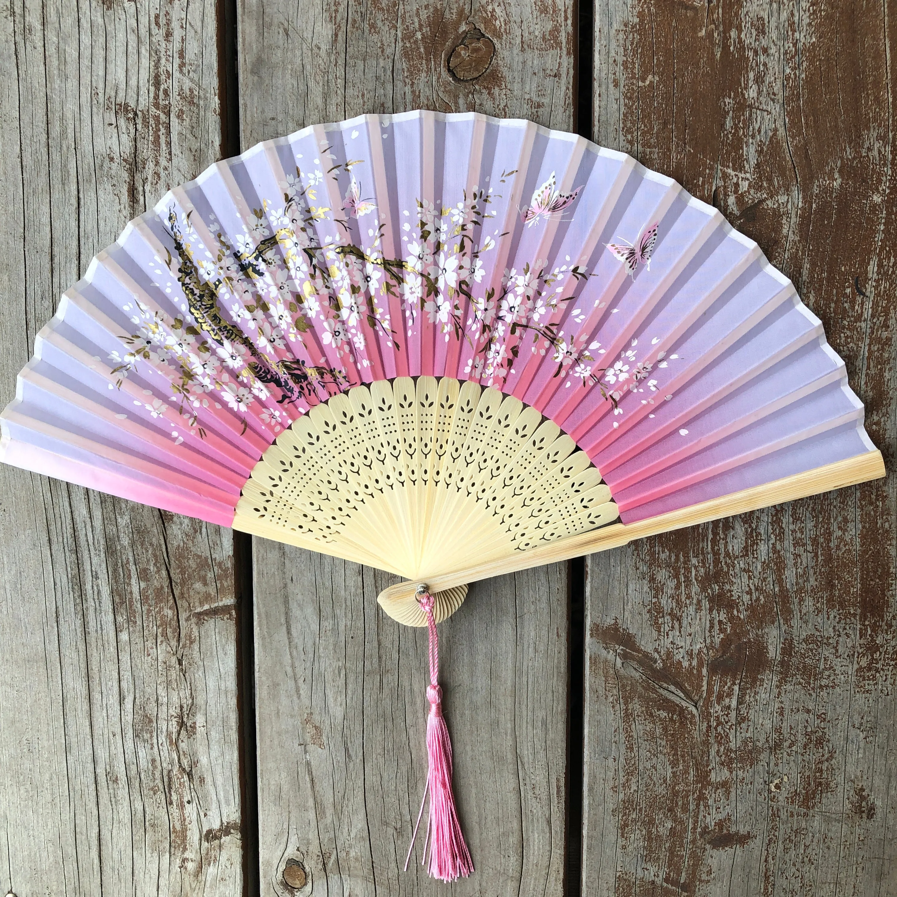 Luxury Bamboo Silk Fan - Cherry Blossoms and butterflies PINK