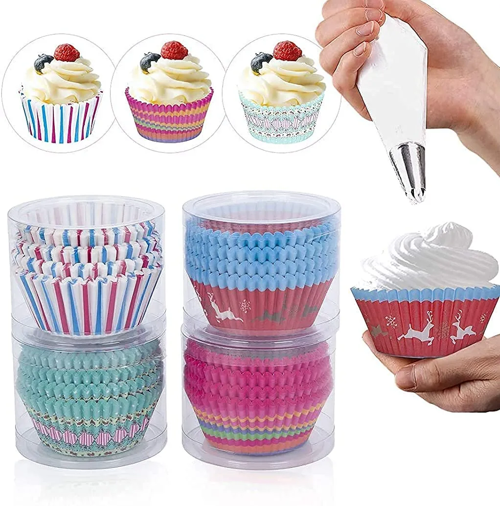 Magic Providers Cupcake Baking Paper Cup Liners 200pc | Hot Bun,Mini Muffin, Indian Sweets Mold Case | Cake Decorating Wrappers Tools for Kitchen Party Wedding Gifting Diameter - 6.8cm Random Patterns