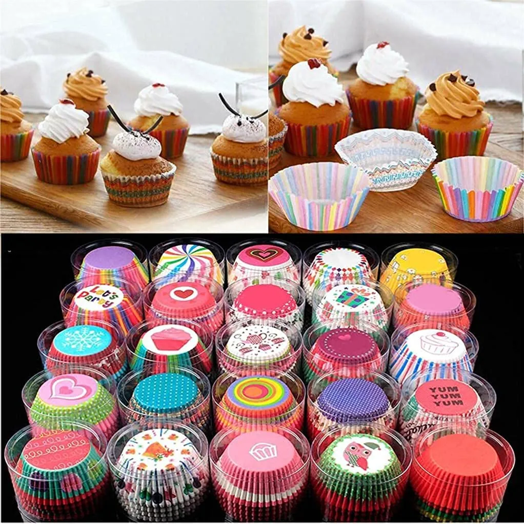 Magic Providers Cupcake Baking Paper Cup Liners 200pc | Hot Bun,Mini Muffin, Indian Sweets Mold Case | Cake Decorating Wrappers Tools for Kitchen Party Wedding Gifting Diameter - 6.8cm Random Patterns