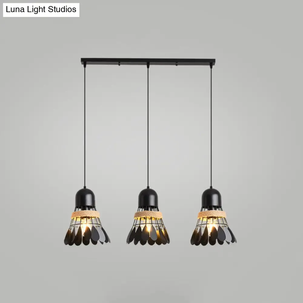 Modern Black/White Iron Dining Room Pendant Light with Rope and Round/Linear Canopy - Badminton Décor, 3 Heads