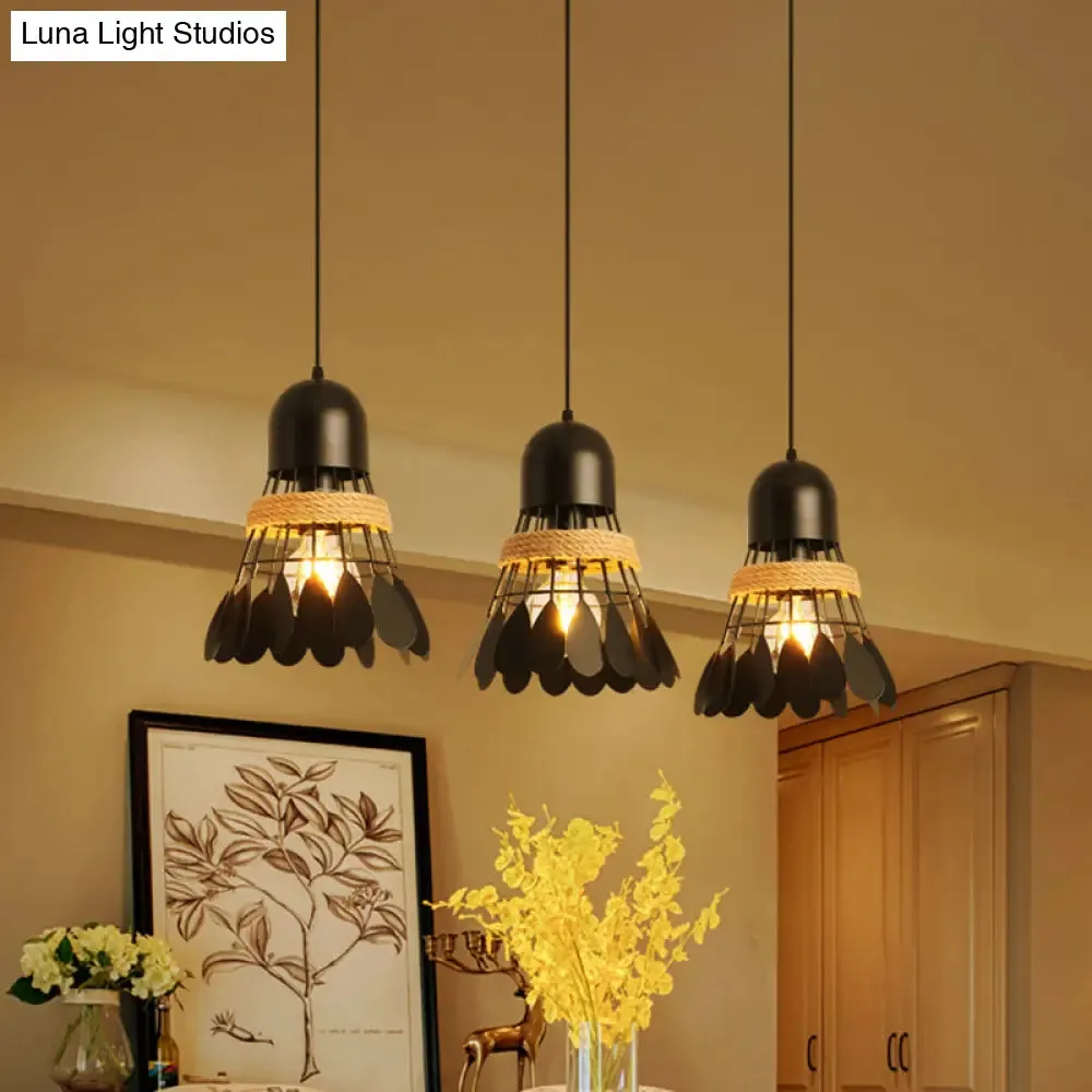 Modern Black/White Iron Dining Room Pendant Light with Rope and Round/Linear Canopy - Badminton Décor, 3 Heads