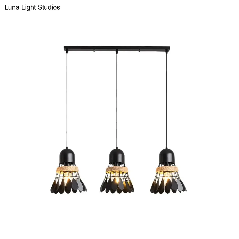 Modern Black/White Iron Dining Room Pendant Light with Rope and Round/Linear Canopy - Badminton Décor, 3 Heads