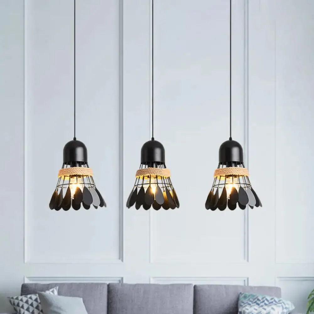 Modern Black/White Iron Dining Room Pendant Light with Rope and Round/Linear Canopy - Badminton Décor, 3 Heads