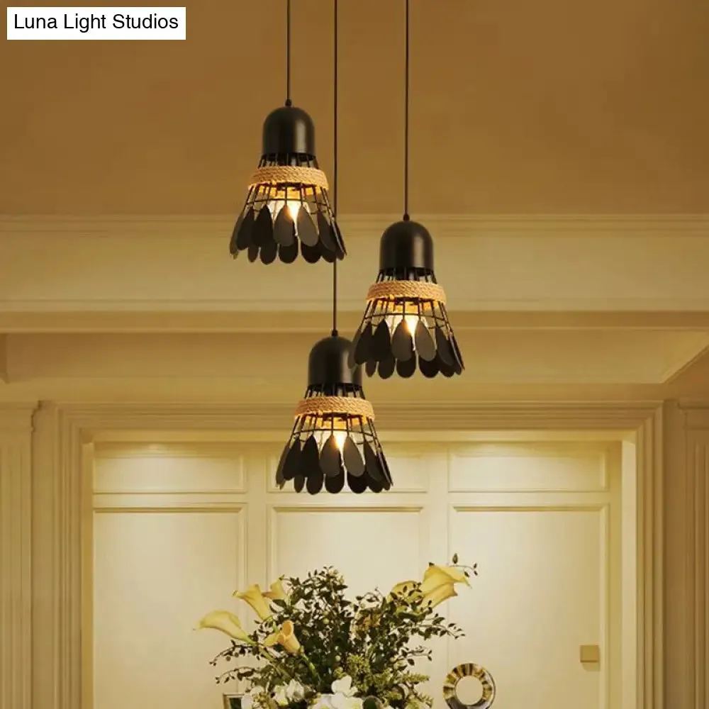 Modern Black/White Iron Dining Room Pendant Light with Rope and Round/Linear Canopy - Badminton Décor, 3 Heads