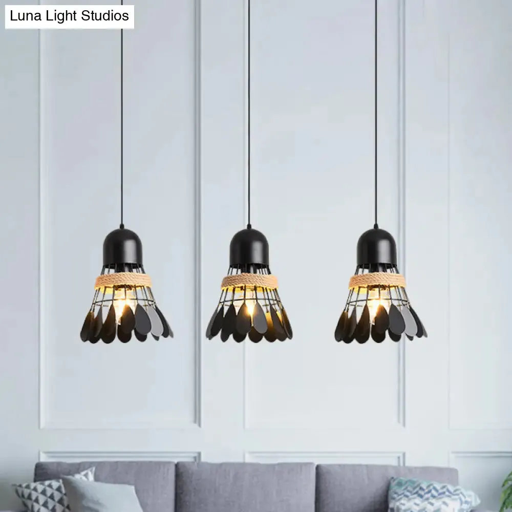 Modern Black/White Iron Dining Room Pendant Light with Rope and Round/Linear Canopy - Badminton Décor, 3 Heads