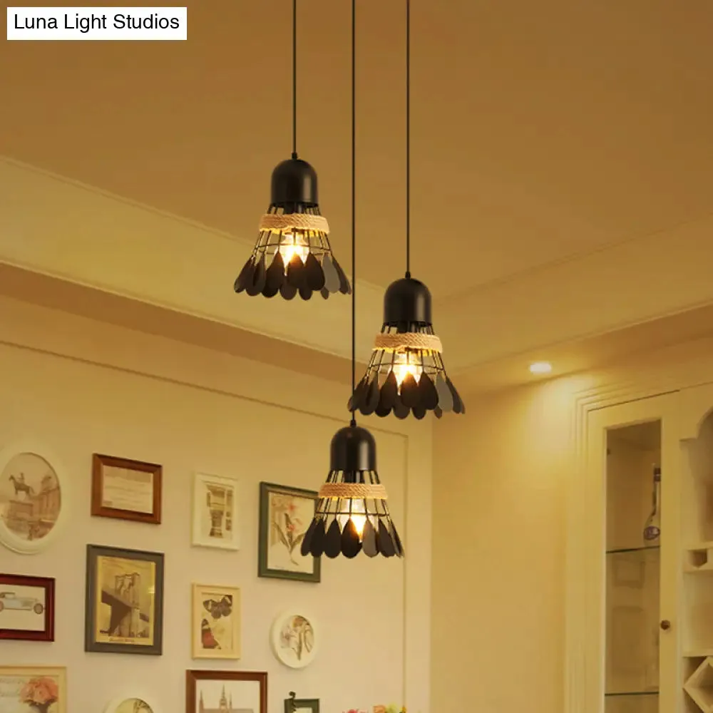 Modern Black/White Iron Dining Room Pendant Light with Rope and Round/Linear Canopy - Badminton Décor, 3 Heads