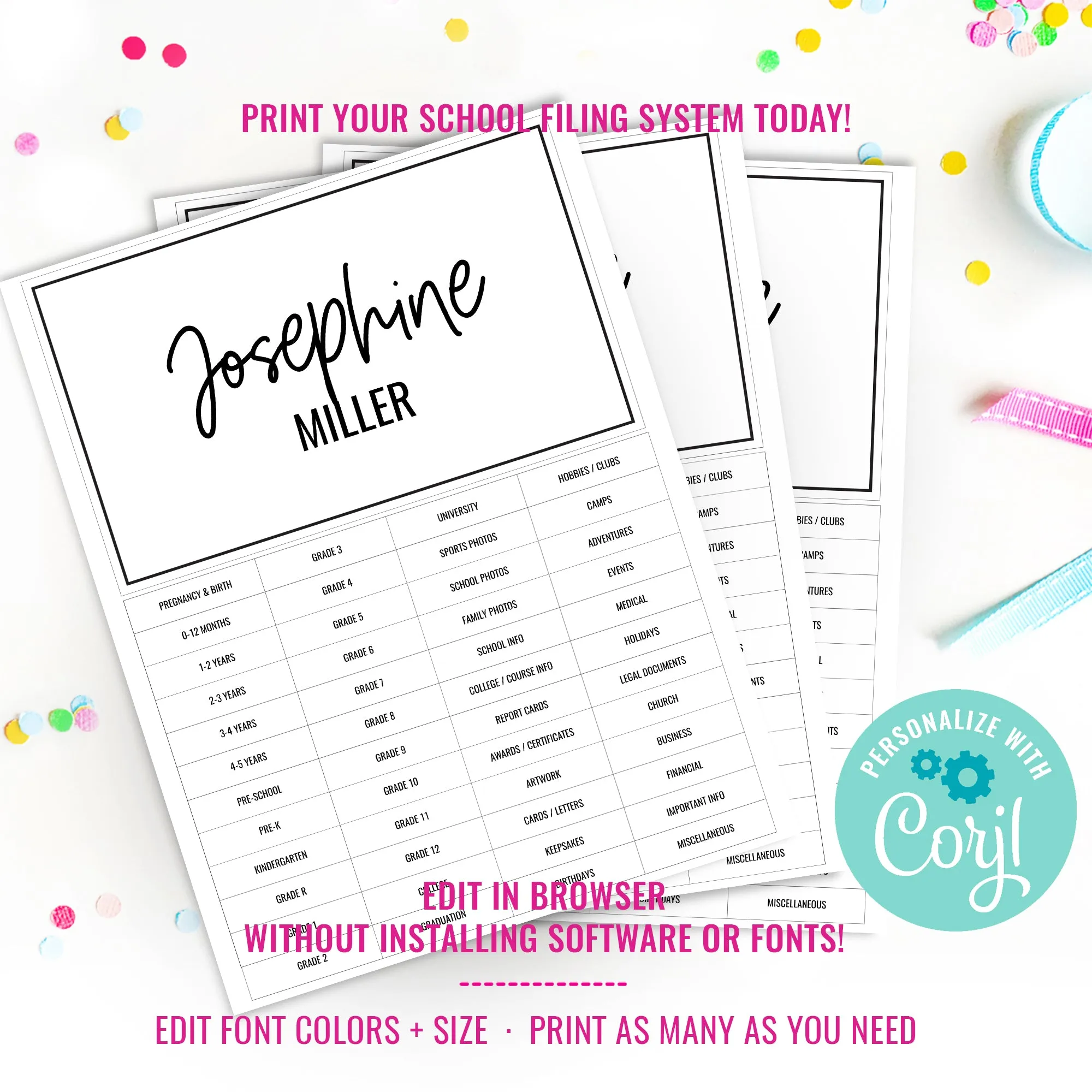 Modern Printable Labels Filing System | Milestone File Tab Organization | School File Life Kids Memory Box Keepsake | Instant Download & Edit Corjl