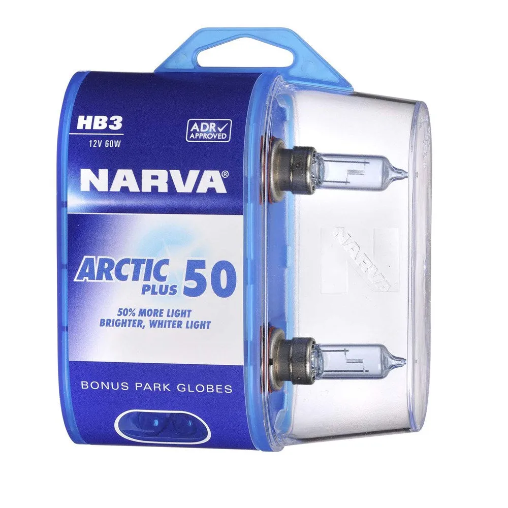 Narva 48616BL2 Hb3 12V 60W Arctic Plus 50 Halogen Headlight Globes, Twin Pack