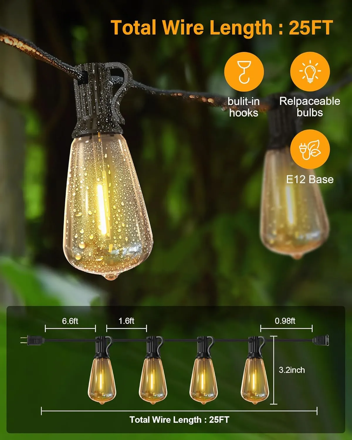 Outdoor String Lights Waterproof, 25 Feet Patio Lights with 13 ST38 Edison Bulbs(1 Sqare), outside Hanging Decorative Lights for Porch, Blacony, Backyard, Bistro, Garden, 2700K