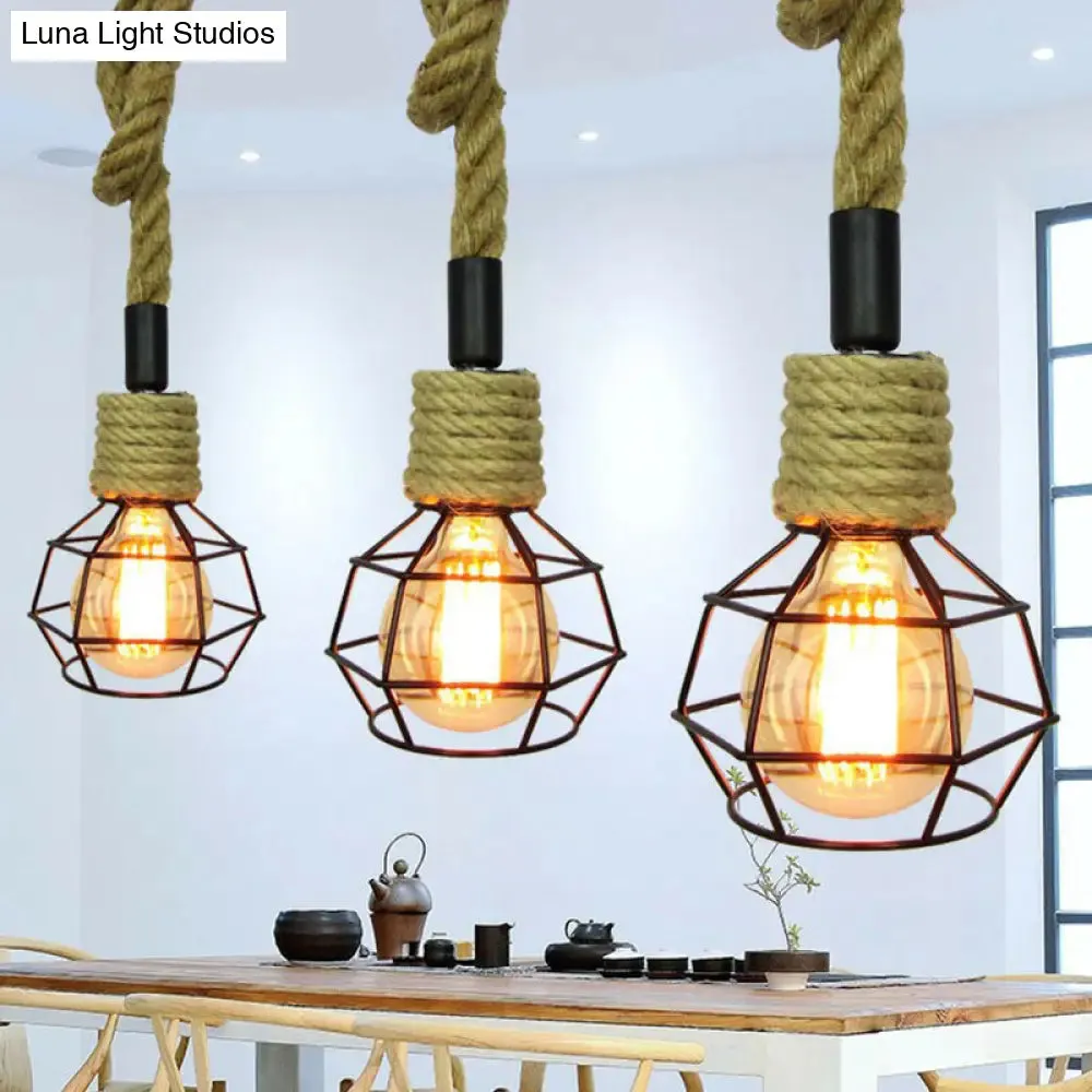 Pendulum Light with Iron Cage and Rope Accent in Brown - Perfect for Rural Wine Bars