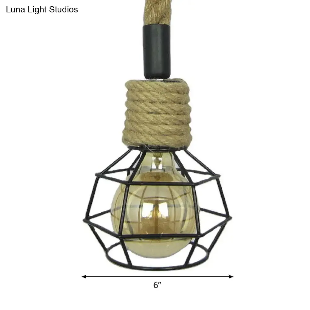 Pendulum Light with Iron Cage and Rope Accent in Brown - Perfect for Rural Wine Bars