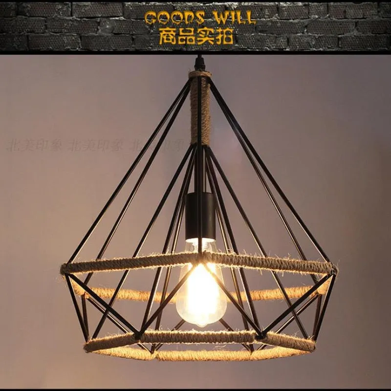 Retro Industrial Chandelier Russian Attic Cage Diamond-shaped Hemp Rope Dining Room Living Kitchen Bedroom Black Rope Lamp