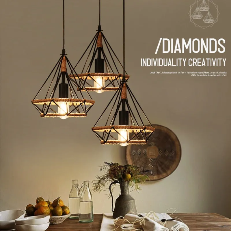 Retro Industrial Chandelier Russian Attic Cage Diamond-shaped Hemp Rope Dining Room Living Kitchen Bedroom Black Rope Lamp