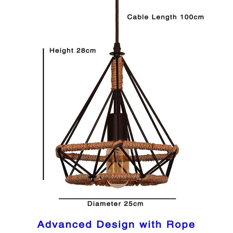 Retro Industrial Chandelier Russian Attic Cage Diamond-shaped Hemp Rope Dining Room Living Kitchen Bedroom Black Rope Lamp