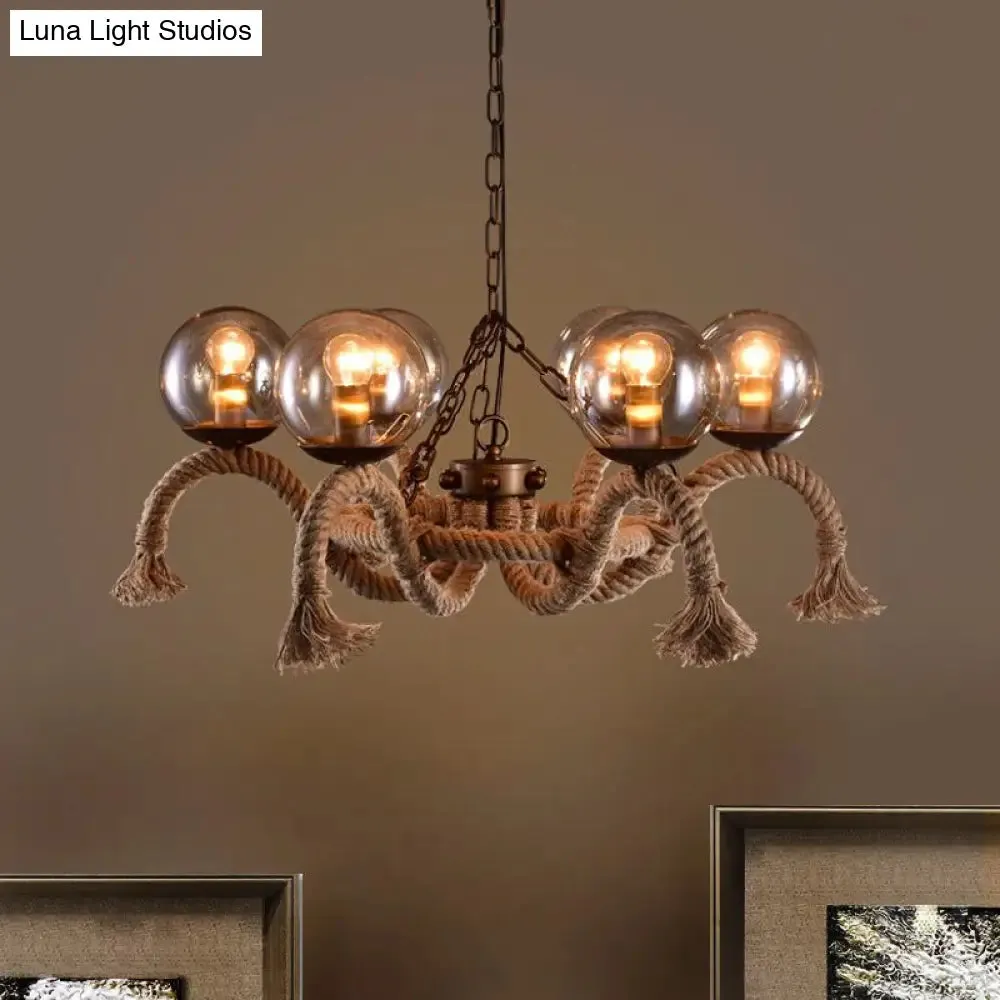 Retro Rust Finish Chandelier - 6 Lights, Global Lighting, Rope Suspension, Smoke Grey Glass Shade