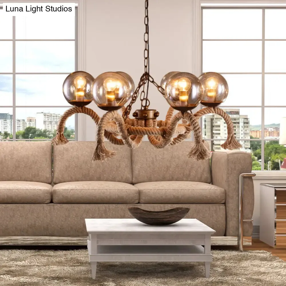 Retro Rust Finish Chandelier - 6 Lights, Global Lighting, Rope Suspension, Smoke Grey Glass Shade