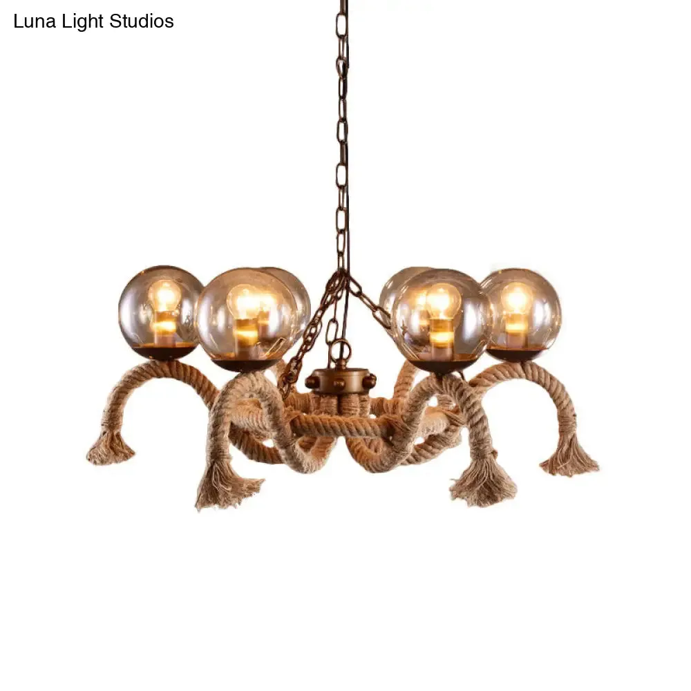 Retro Rust Finish Chandelier - 6 Lights, Global Lighting, Rope Suspension, Smoke Grey Glass Shade