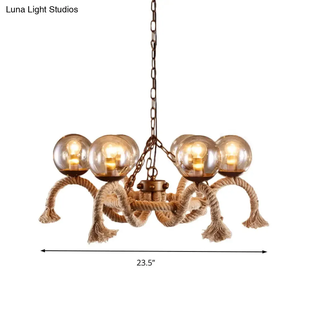 Retro Rust Finish Chandelier - 6 Lights, Global Lighting, Rope Suspension, Smoke Grey Glass Shade