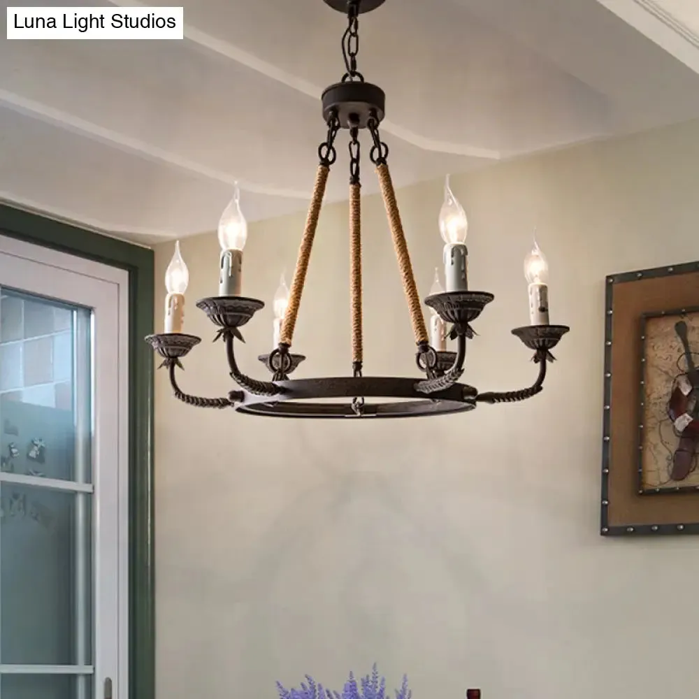 Retro Rustic Candelabra Chandelier with Hemp Rope Cord - Perfect for Living Room Pendant Lighting