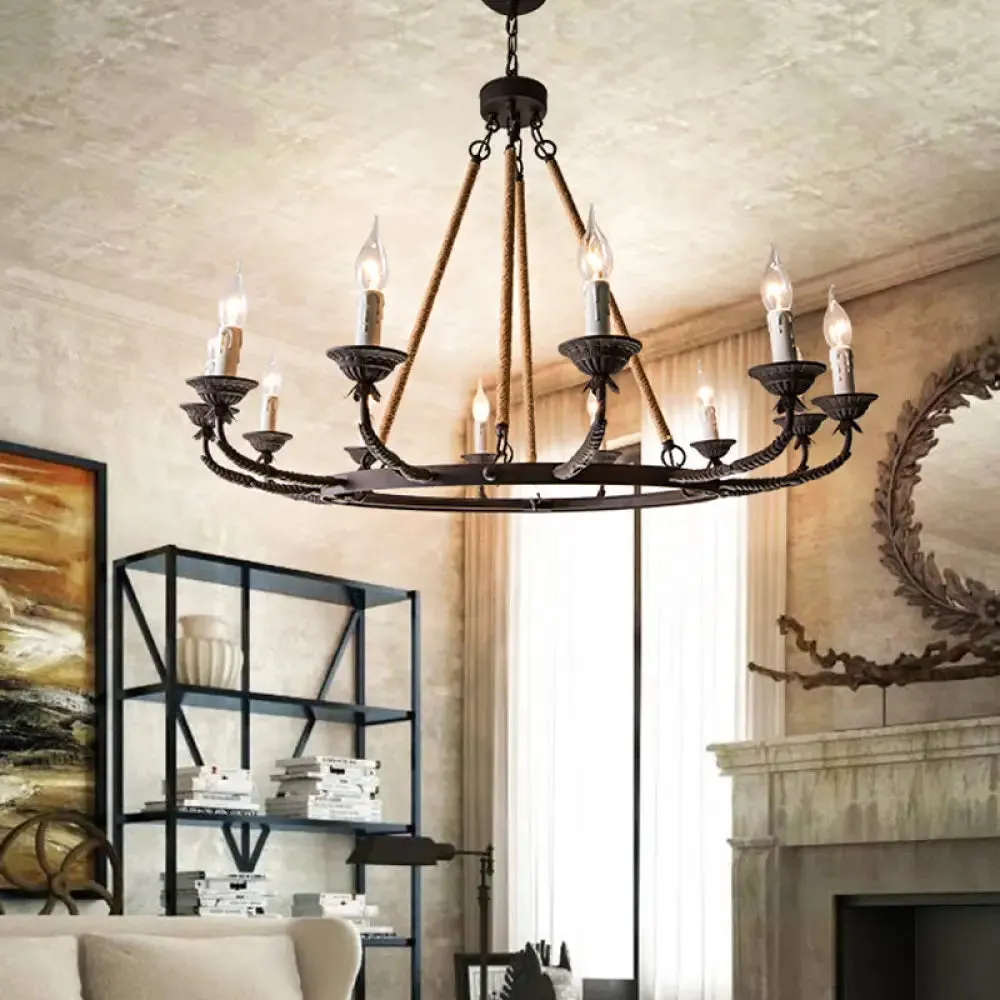 Retro Rustic Candelabra Chandelier with Hemp Rope Cord - Perfect for Living Room Pendant Lighting