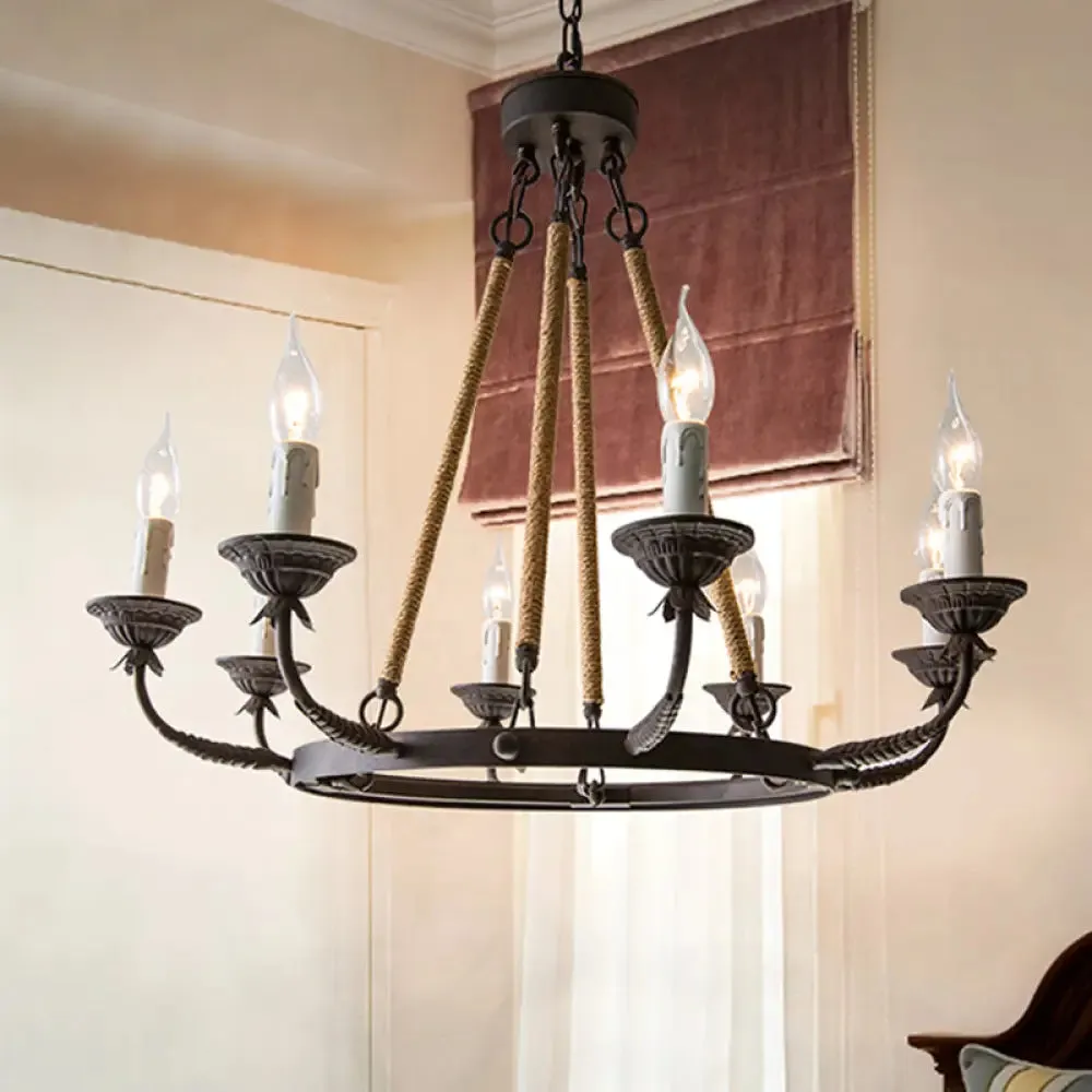 Retro Rustic Candelabra Chandelier with Hemp Rope Cord - Perfect for Living Room Pendant Lighting