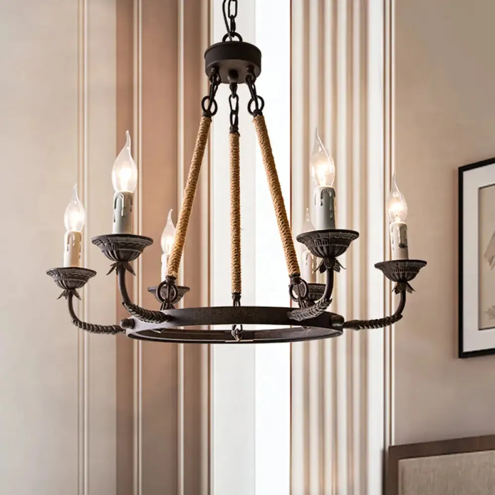 Retro Rustic Candelabra Chandelier with Hemp Rope Cord - Perfect for Living Room Pendant Lighting