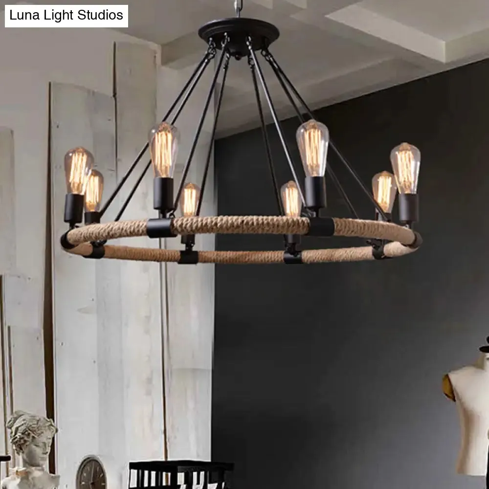 Rope-Wrapped Circle Pendant Light with Multiple Bulbs in Black and Brown