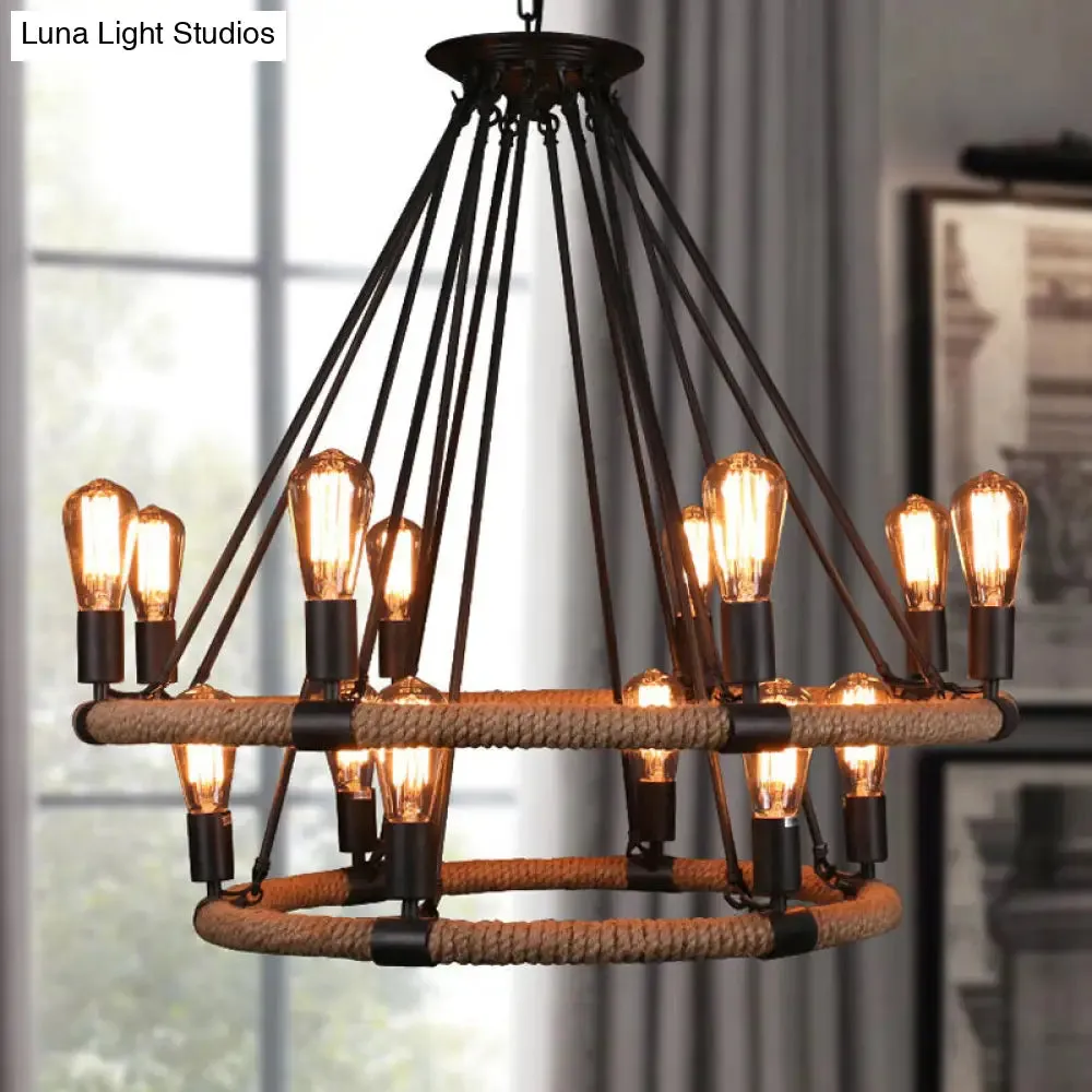 Rope-Wrapped Circle Pendant Light with Multiple Bulbs in Black and Brown