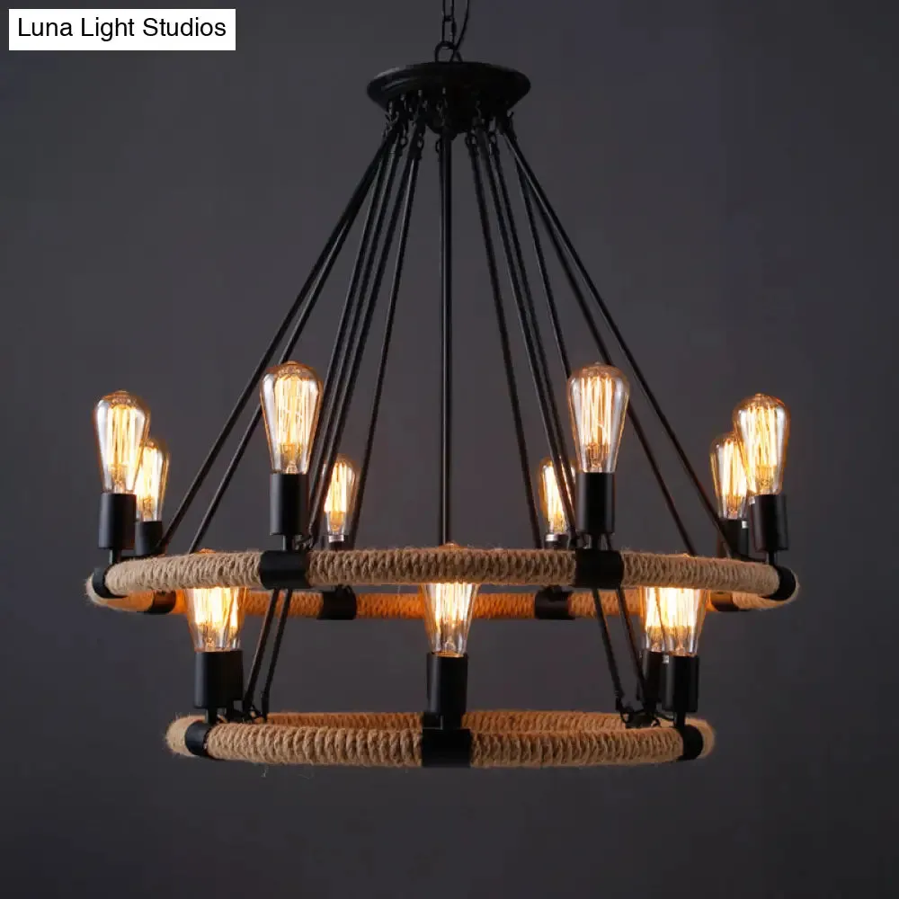 Rope-Wrapped Circle Pendant Light with Multiple Bulbs in Black and Brown