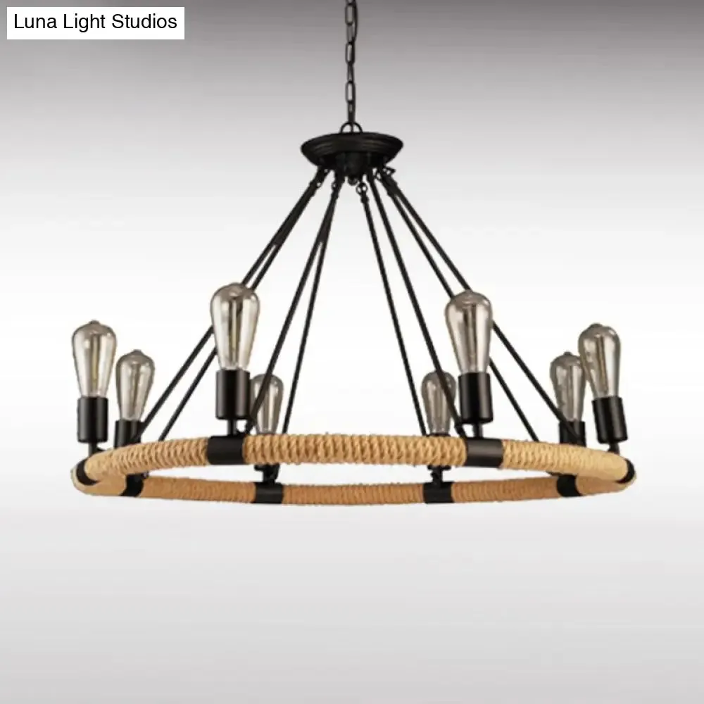 Rope-Wrapped Circle Pendant Light with Multiple Bulbs in Black and Brown