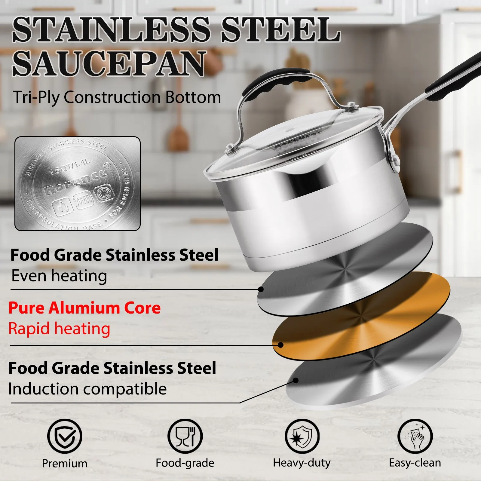 Rorence Stainless Steel Saucepan with Silicone Coated Handles and Pout Spouts