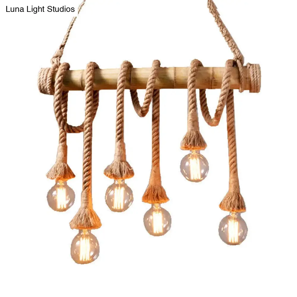 Rustic Bare Bulb Pendant Light with Bamboo Pole and Rope Suspension