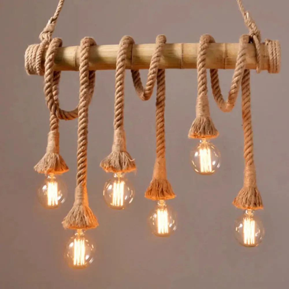 Rustic Bare Bulb Pendant Light with Bamboo Pole and Rope Suspension