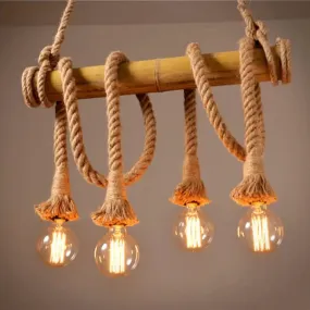 Rustic Bare Bulb Pendant Light with Bamboo Pole and Rope Suspension