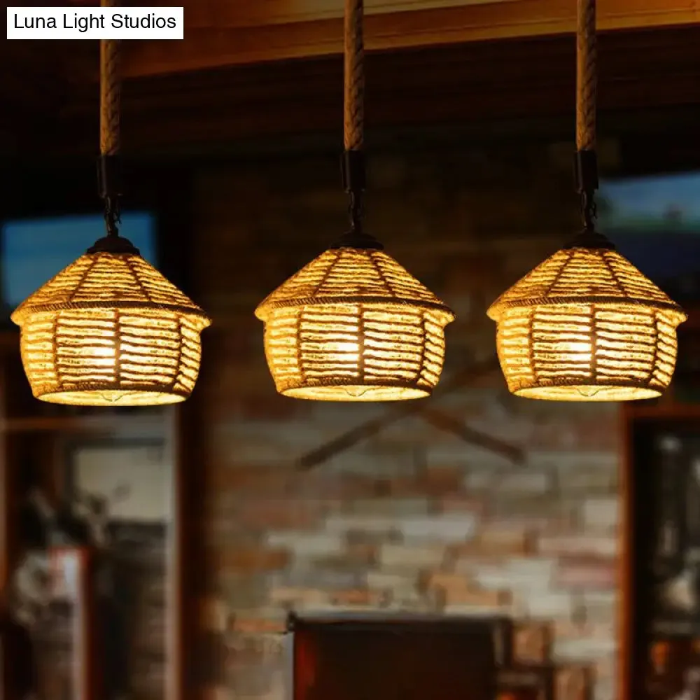 Rustic Brown Barn Pendant Lamp Cluster – Rural Rope Design – 3/6 Lights – Ceiling Suspension – Round/Linear Canopy – Dining Room