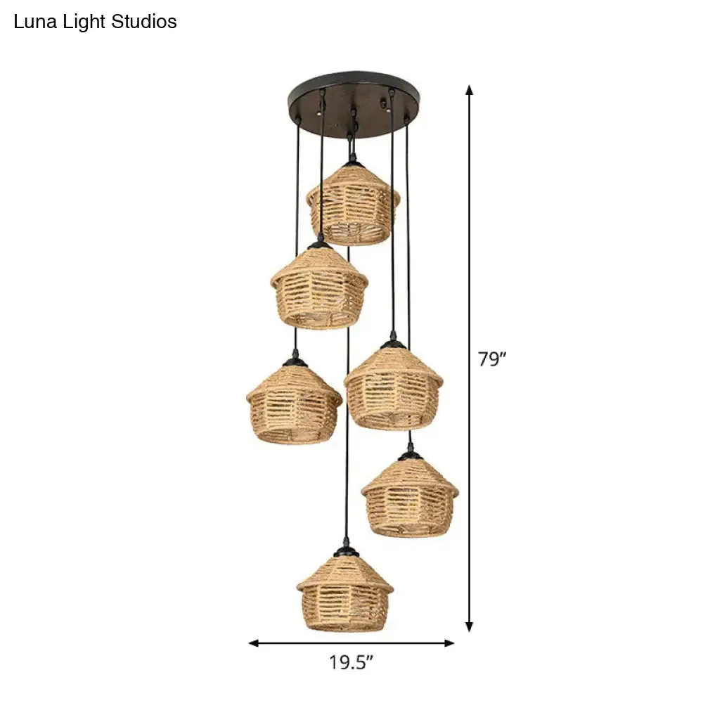 Rustic Brown Barn Pendant Lamp Cluster – Rural Rope Design – 3/6 Lights – Ceiling Suspension – Round/Linear Canopy – Dining Room