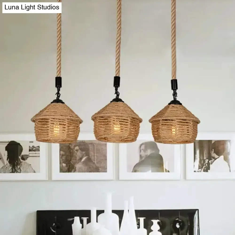 Rustic Brown Barn Pendant Lamp Cluster – Rural Rope Design – 3/6 Lights – Ceiling Suspension – Round/Linear Canopy – Dining Room