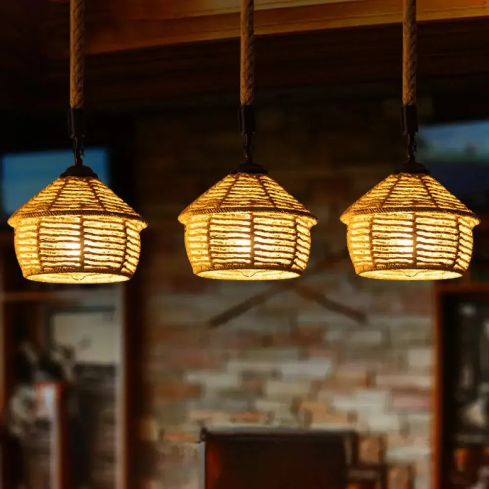 Rustic Brown Barn Pendant Lamp Cluster – Rural Rope Design – 3/6 Lights – Ceiling Suspension – Round/Linear Canopy – Dining Room