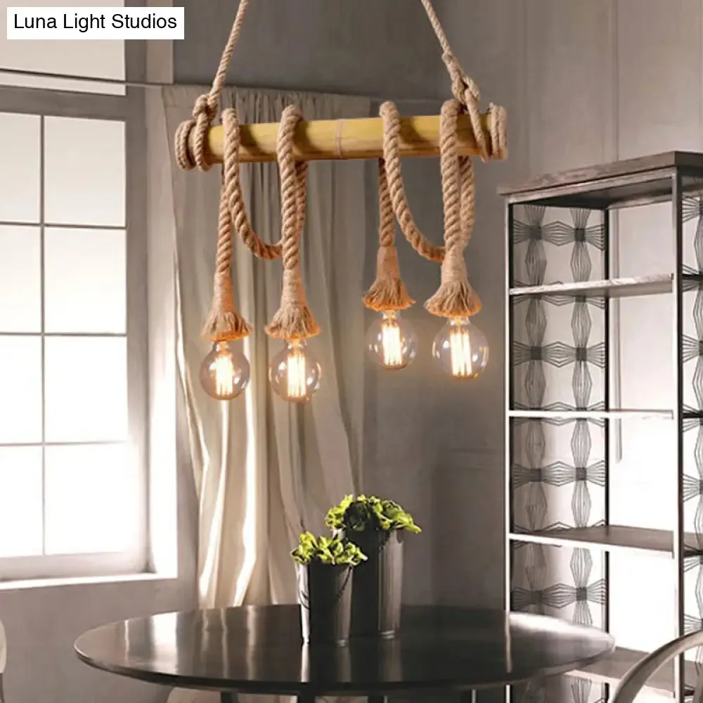 Rustic Brown Island Pendant Light with Rope and Bamboo Pole