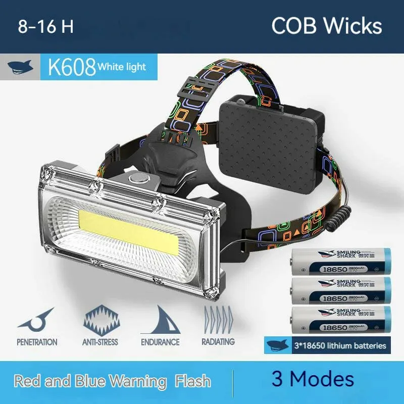 Smiling Shark K608 COB Headlight Warning Light Rechargeable Waterproof  Floodlight Headlamp for Night Working Camping Hiking